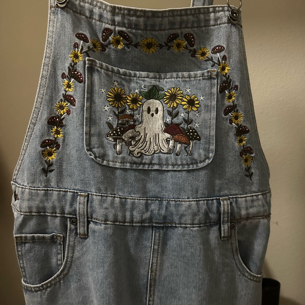 Embroidered Denim Overalls with Ghost and Floral Design